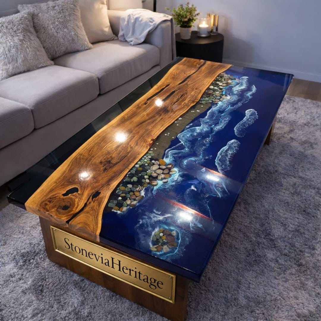 Ocean Beach Epoxy Table, Live Edge Wood Resin, Handmade Coastal Home ...