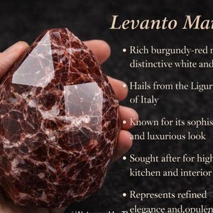May include: A Levanto Marble stone, rich burgundy-red with white and pink veining, is held in a hand. The text on the image describes the marble's origin in Italy and its use in high-end projects.