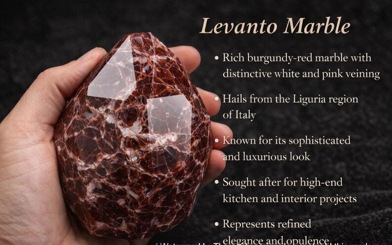 May include: A Levanto Marble stone, rich burgundy-red with white and pink veining, is held in a hand. The text on the image describes the marble's origin in Italy and its use in high-end projects.
