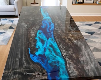 Custom Walnut Resin River Table, Live Edge Wood, Handcrafted