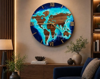 Reloj con mapa del mundo de resina epoxi, cuadro de pared con temática oceánica en madera de acacia, decoración moderna de estilo rústico.