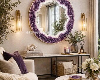 Espejo de pared con amatista – Decoración de piedras preciosas de cristal para dormitorio y sala de estar. Regalos personalizados.