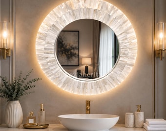 Espejo de pared de piedra nácar / Hecho a mano / Tocador de baño