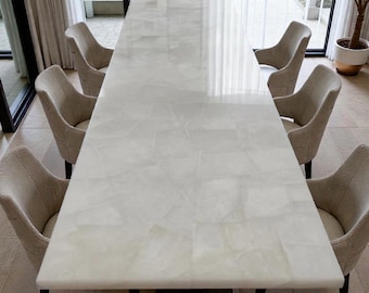 Tavolo da pranzo e da cucina in quarzo bianco e agata - Arredamento rettangolare per corridoio, sala da pranzo e ristorante