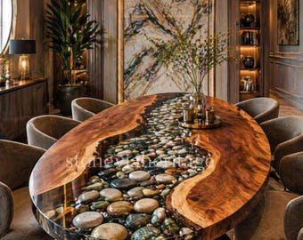 Pebbles Epoxy Resin Table Handmade Stone River Dining Table Acacia Wood Custom Luxury Furniture