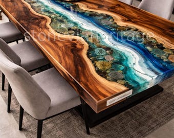 Acacia Wood Epoxy Resin River Table, Live Edge Coastal Decor