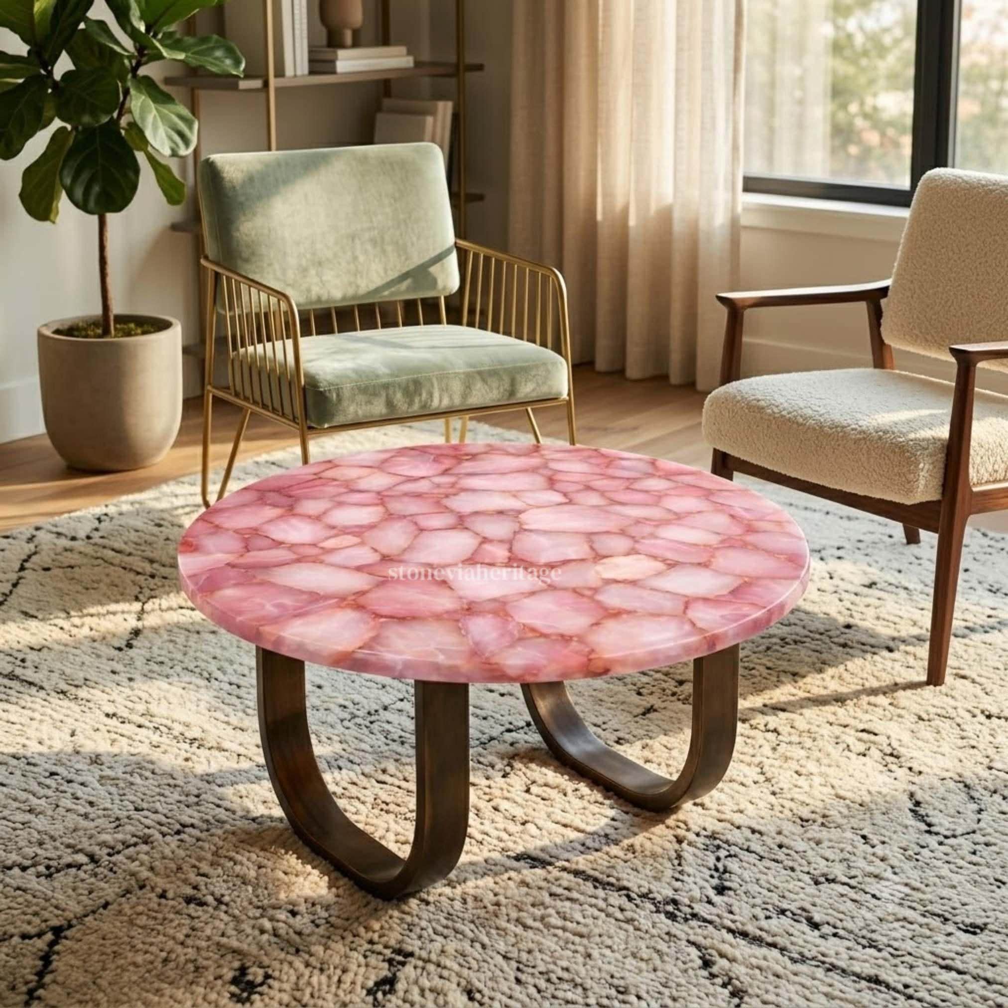 Handgemachter Rosenquarz Couchtisch | Natürliche Rosa Kristall Runde Möbel