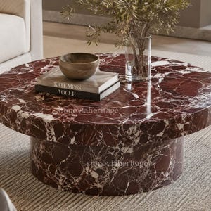 Rosso Levanto Marble Coffee Table Round, Luxury Natural Stone Center Table, Modern Home Decor Furniture