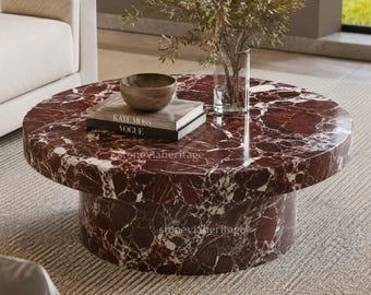 Rosso Levanto Marble Coffee Table, Handcrafted Round Center Table, Luxury Italian Stone Home Decor