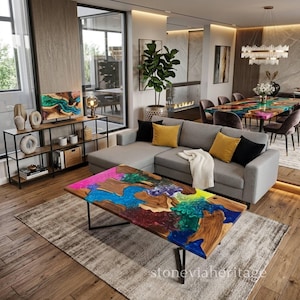 Mesa de comedor de resina epoxi hecha a mano con forma de río, multicolor, de madera, lujosa, pieza central.