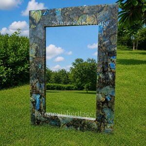 Handmade Labradorite Gemstone Mirror, Rectangular Luxury Wall Art, Aurora Borealis Frame