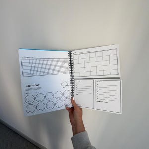 May include: A spiral-bound planner featuring white pages with black ink. The layout includes a habit tracker grid, a monthly calendar, a habit loop section with circular diagrams, a daily to-do list, and a weekly schedule with space for notes.