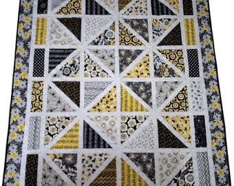 Floral Quilted Lap Throw, Yellow Gray Black, 49x65