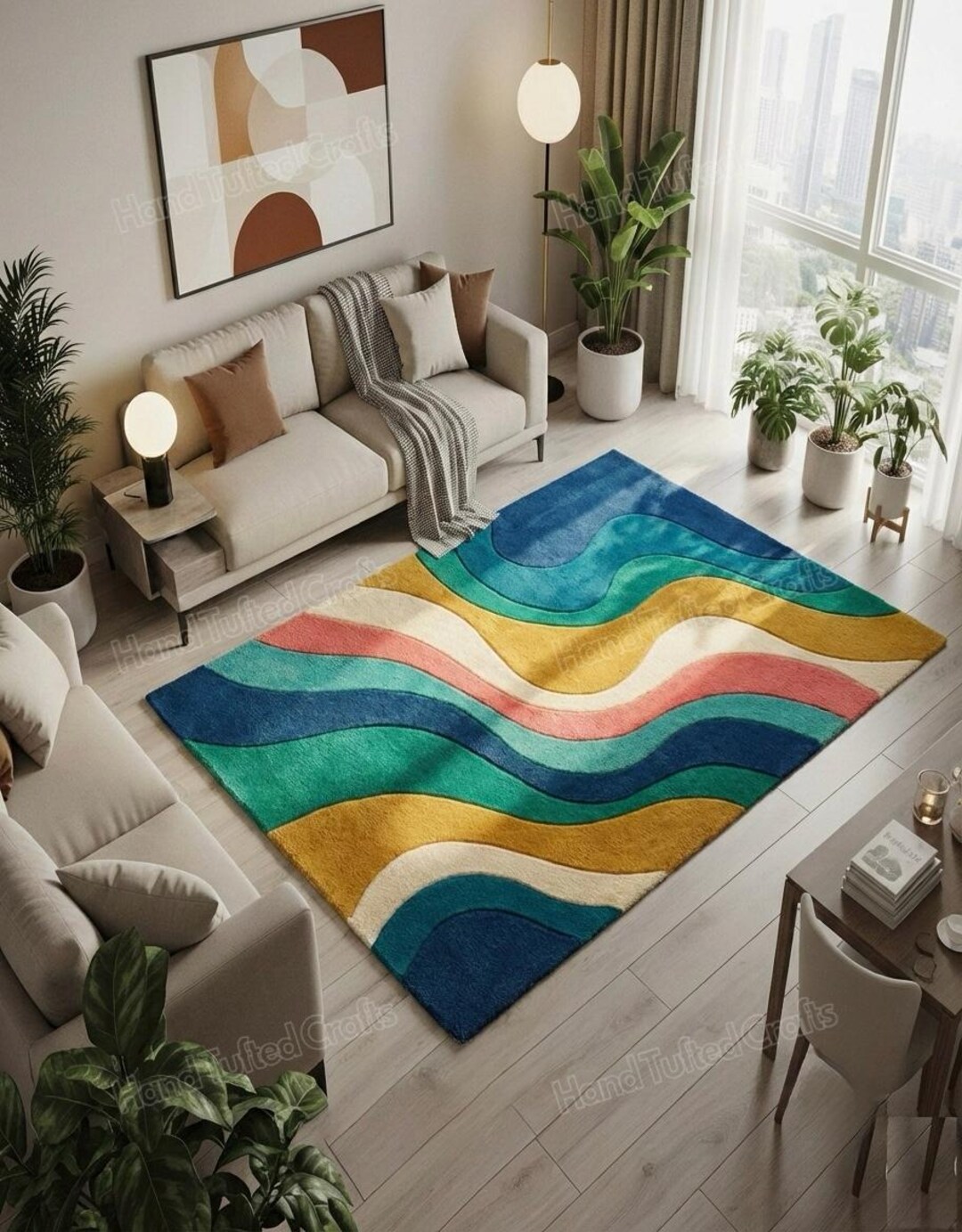 Hand Tufted Rug, Retro Wavy Area Rug, Multi-color Wool Rug, Teal Blue ...