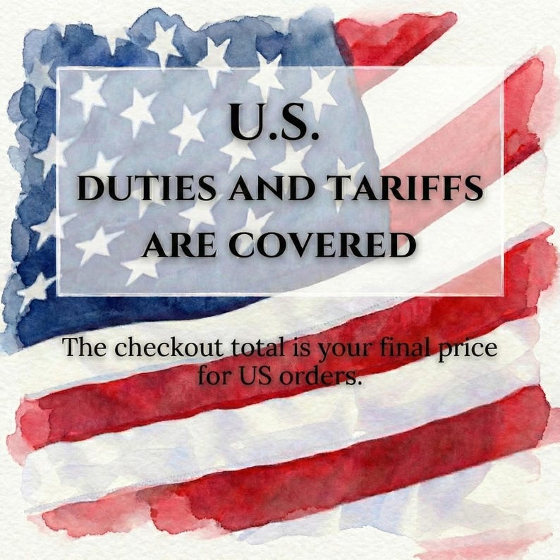 The image is a watercolor painting of the American flag, with text overlaid on it stating that US duties and Tariffs are covered, and the checkout total is the final price for US orders.