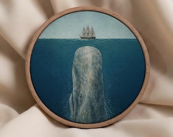 Sperm Whale Round Canvas Wall Art, Framed Quirky Ocean Print, Whale Under Ship Art, Nautical Humor Decor, Weird Sea Animal Gift