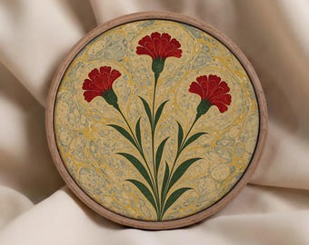 Red Carnation Floral Art Print, Marbled Paper Style Wall Decor, Vintage Botanical Folk Art