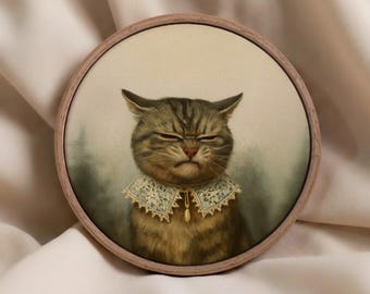 Victorian Grumpy Cat Portrait Print, Funny Cat Wall Art, Vintage Animal Painting Framed Canvas