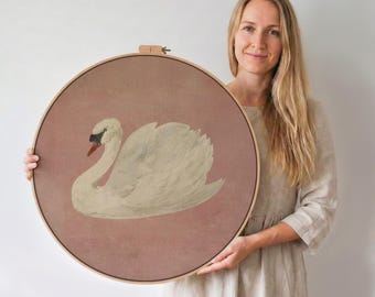 Large Round Framed Swan Canvas Print, Cottagecore Farmhouse Decor, Nursery Art