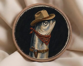 Funny Sardine Gouache Painting Print, Whimsical Surreal Animal Wall Decor, Cottagecore Quirky Gift
