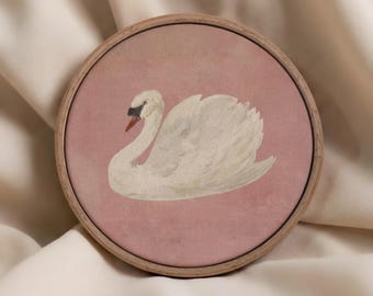 Vintage Swan Painting Framed Canvas Neutral Pink Moody Cottagecore Art