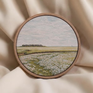 Pintura de paisaje campestre sobre lienzo redondo, estilo vintage (colores de primavera)