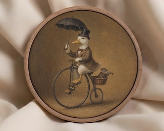 Gentleman Duck Riding Penny Farthing Round Canvas Wall Art, Funny Victorian Animal Print, Quirky Framed Canvas Decor