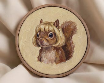 Blonde Bob Squirrel Round Canvas Wall Art, Funny Animal Portrait Print, Quirky Framed Canvas Decor, Whimsical Oddity Art