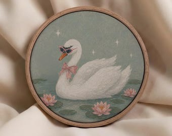 Swan with Sunglasses Round Canvas Wall Art, Funny Swan Print, Quirky Framed Canvas Decor, Whimsical Lake Animal Art