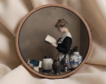 Vintage Woman Reading Painting Print, Classic Dutch Interior Art, Moody Neutral Wall Decor