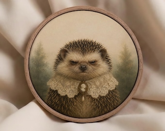 Grumpy Hedgehog Portrait Round Canvas Wall Art, Funny Victorian Animal Print, Quirky Framed Canvas Decor