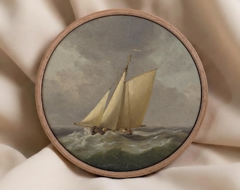 Vintage Sailboat Canvas Print – Round Beech Wood Frame, Coastal Art