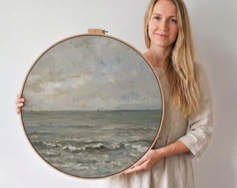 Round Seascape Canvas Print, Coastal Lake House Wall Art