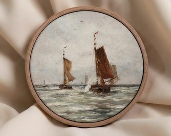 Vintage Nautical Sailing Boat Print - Round Canvas, Coastal Wall Art