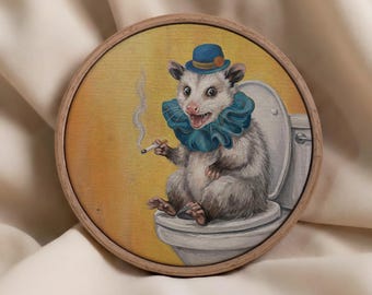 Funny Opossum Smoking Art Print, Dark Humor Bathroom Wall Decor, Whimsical Vintage Animal Portrait