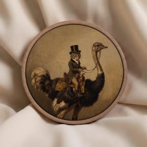 Victorian Cat Riding Ostrich Art Print, Funny Vintage Animal Portrait, Dark Academia Wall Decor