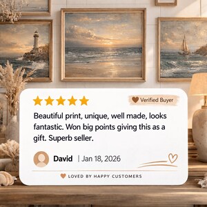 The image is a collage of several framed pictures on a wall, with a rating and comment from a customer expressing their appreciation for the beautiful print, unique design, and quality craftsmanship.