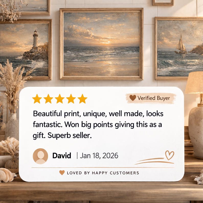 The image is a collage of several framed pictures on a wall, with a rating and comment from a customer expressing their appreciation for the beautiful print, unique design, and quality craftsmanship.
