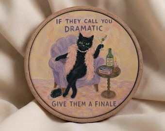 Dramatic Black Cat Round Canvas Wall Art, Framed Funny Cat Print, Quirky Humor Decor, Martini Cat Art, Cat Lover Gift