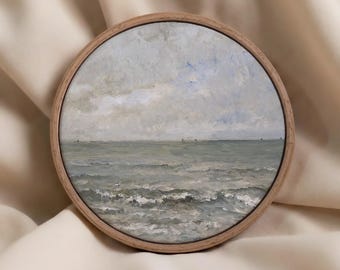 Neutral Tones Seascape Oil Painting Print, Antique Vintage Ocean Waves Coastal Art, Round Canvas