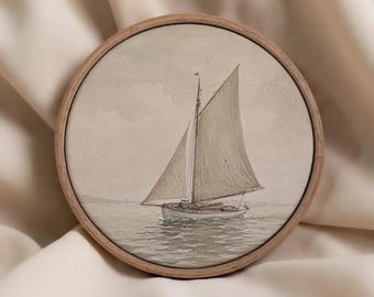 Sailboat Round Canvas Wall Art, Framed Nautical Watercolor Print, Coastal Boat Decor, Minimal Ocean Wall Art, Sailing Gift