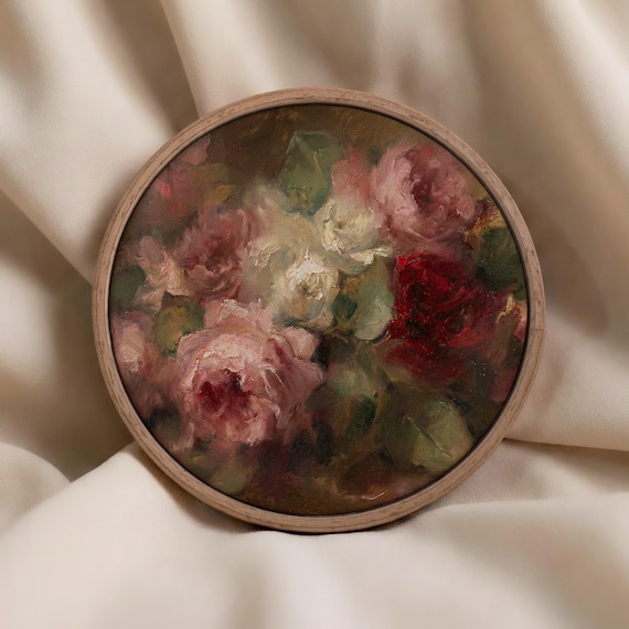 Moody Floral Oil Painting Print, Romantic Rose Wall Art, Vintage Impressionist Bouquet