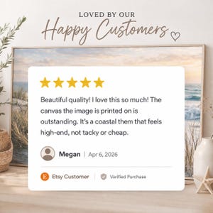The image is a framed photograph of a coastal scene, with a starfish and a vase of flowers on a table. The text in the image reads "LOVED BY OUR Happy Customers" and "Megan | Apr 6, 2026", indicating that the image is a review of the artwork.