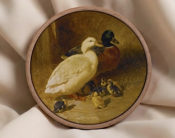 Vintage Duck Family Round Canvas Wall Art, Rustic Cottagecore Nursery Decor