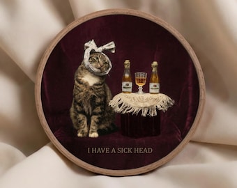 Funny Hangover Cat Print, Dark Humor Vintage Style Decor, Moody Quirky Round Framed Canvas