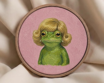 Whimsical Frog Round Canvas Wall Art, Framed Funny Animal Portrait, Pink Cottagecore Decor, Quirky Nursery Print, Frog Lover Gift