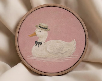 Whimsical Duck Round Canvas Wall Art, Framed Nursery Decor, Vintage Animal Portrait