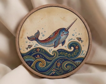 Narwhal Folk Art Wall Art · Whimsical Ocean Painting · Coastal Maximalist Decor · Narwhal Lover Gift