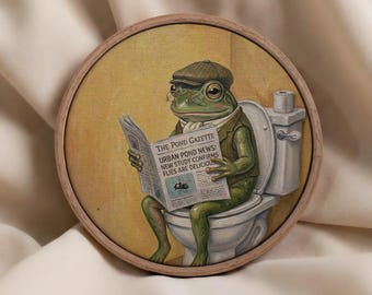 Funny Frog Bathroom Wall Art, Whimsical Vintage Toilet Print, Cottagecore Humor