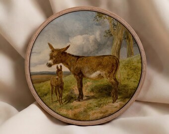 Lámina artística vintage de burro - Ilustración encantadora de burro y potrillo - Decoración de pared de animales de estilo antiguo
